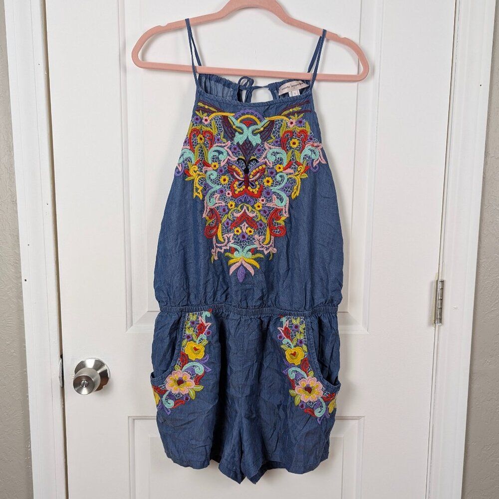 Nanette Lepore | Blue Embroidered Chambray Romper Size US Small